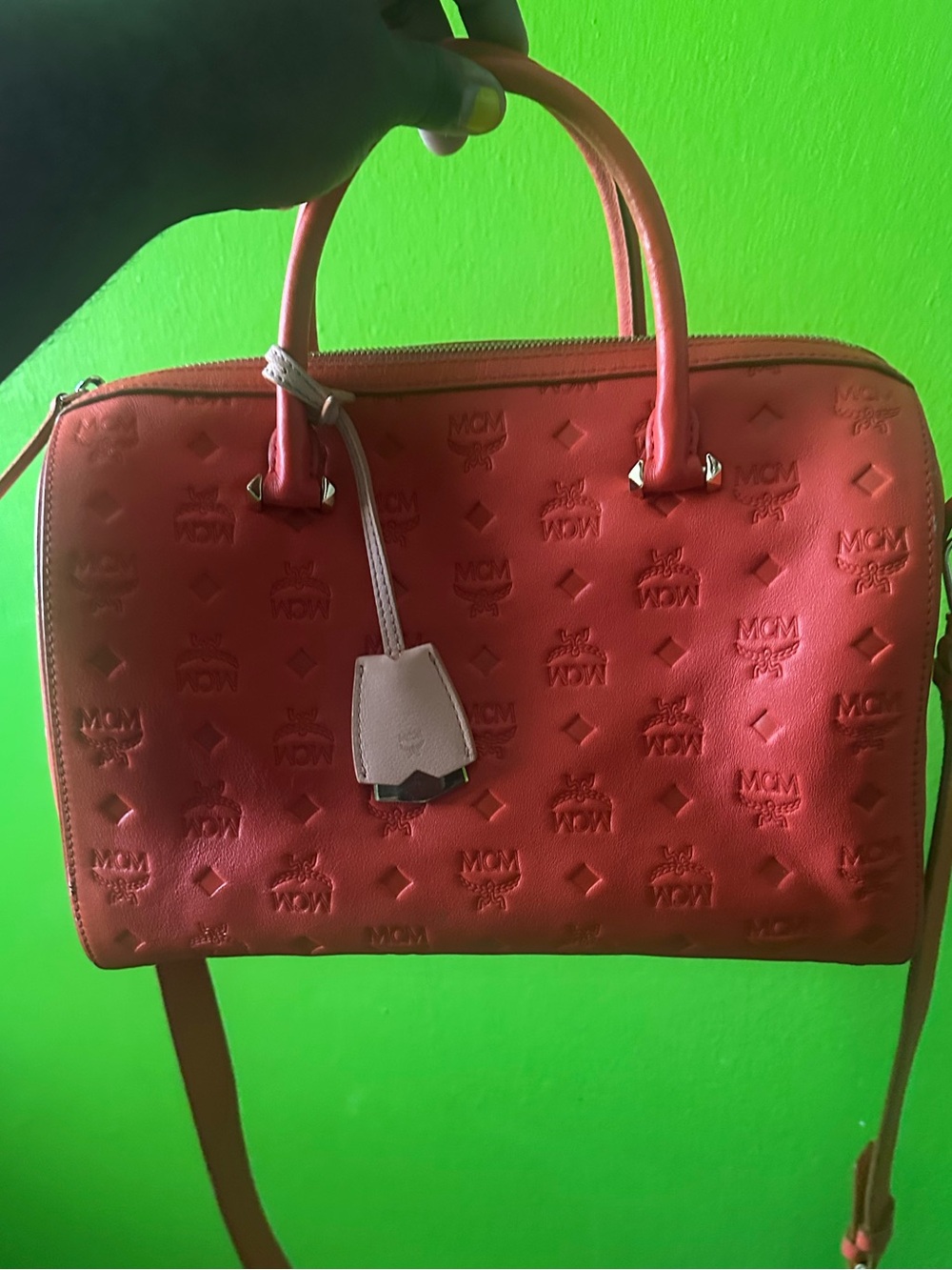 MCM Orange Embossed Leather Satchel with Detachable Strap